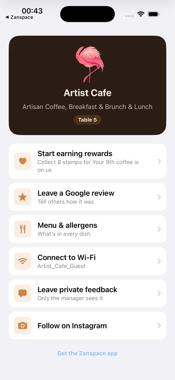 Zanspace loyalty — opens on the phone without installing an app